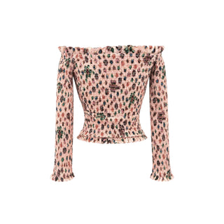 Chanel Pale Nude Pink Multicolour Printed Smocked Off-Shoulder Top Size FR 36
