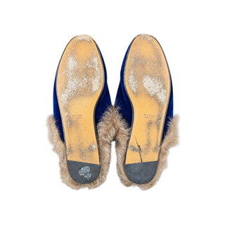Gucci Cobalt Blue Velvet Princetown Horsebit Fur-Lined Slippers EU 37