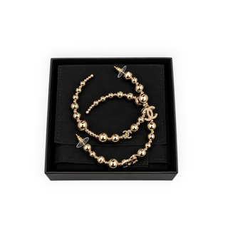 Chanel Champagne Gold CC Logo Beaded Hoop Earrings