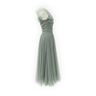 Christian Dior Sage Green Silk Tulle Draped Pleated Midi Dress FR 36