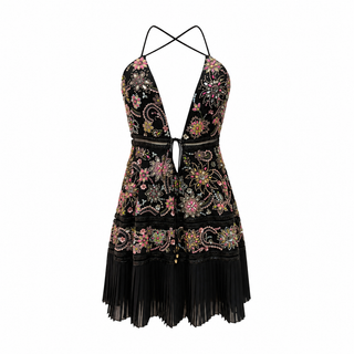 Roberto Cavalli Black Multicolour Floral Embellished Halterneck Mini Dress Size 40