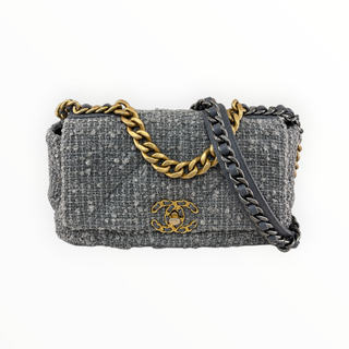 Chanel Grey Tweed 19 Flap Bag with Mixed Metal Chain Hardware