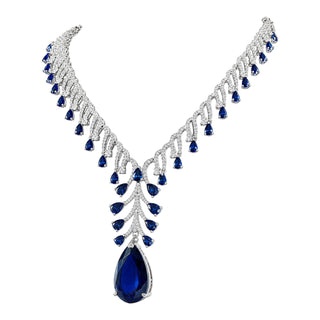 Lab-Grown Sapphire Cascade Drop Necklace in White Gold-Plated Sterling Silver