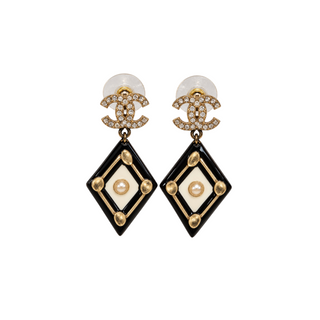 Chanel Gold Black and Ivory Metal and Resin CC Drop Earrings