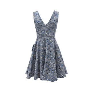 Christian Dior Blue & Grey Wool Tweed Fit-and-Flare Dress Size FR 34