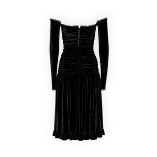 Paco Rabanne Black Velvet Ruched Off-Shoulder Embellished Midi Dress Size FR 38