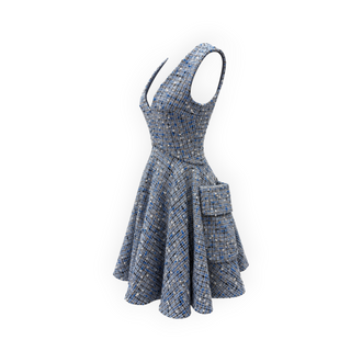 Christian Dior Blue & Grey Wool Tweed Fit-and-Flare Dress Size FR 34