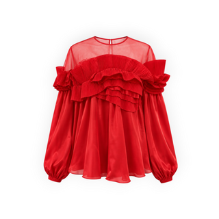 Givenchy Red Silk Pleated Ruffle Tulle Blouse FW08-09 Size FR 40