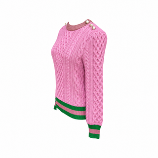 Gucci Pink Cable Knit Wool Sweater with Green Striped Trim and Pearl Buttons