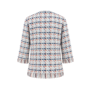 Chanel White, Blue & Coral Fringed Tweed CC Button Jacket Size FR 44