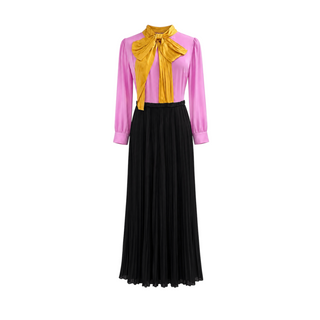 Gucci Pink Yellow and Black Silk Bow Pleated Maxi Dress IT 40