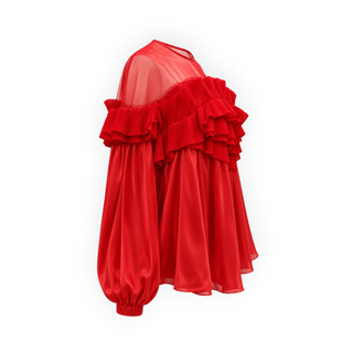 Givenchy Red Silk Pleated Ruffle Tulle Blouse FW08-09 Size FR 40
