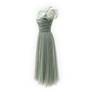 Christian Dior Sage Green Silk Tulle Draped Pleated Midi Dress FR 36