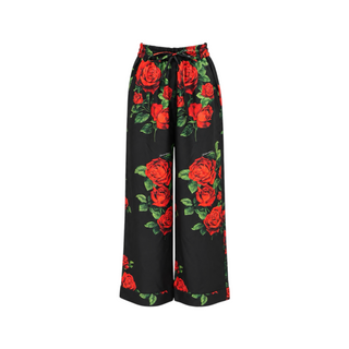 Dolce & Gabbana Black Red Rose Print Silk Wide-Leg Trousers IT 42