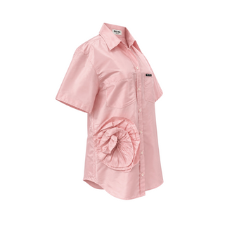 Miu Miu Pink Silk Short Sleeve Shirt with Oversized Floral Appliqué IT 36