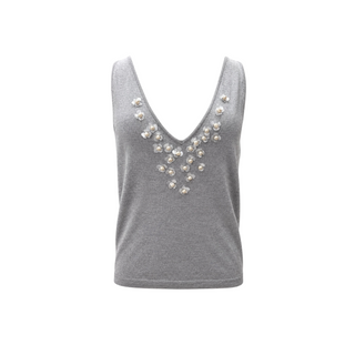 Christian Dior Grey Knit Pearl & Floral Embellished Sleeveless Top Size UK 8
