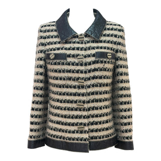Chanel Black & Cream Striped Tweed Jacket with Black Trim