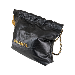 Chanel Black Quilted Calfskin Leather CHANEL Logo Drawstring Shoulder Bag with Gold Hardware