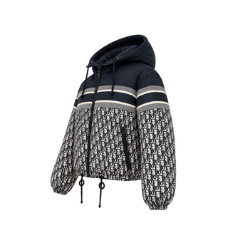 Christian Dior Navy and Ecru Cropped Reversible Puffer Jacket with Oblique Logo Pattern Size S