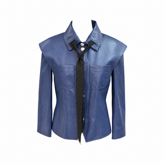 Chanel Blue Lambskin Leather Button-Up Jacket with Black Ribbon Tie – Size 36