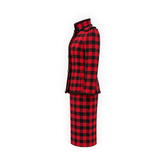 Chanel Red and Black Checked Wool Jacket and Pencil Skirt Two-Piece Set