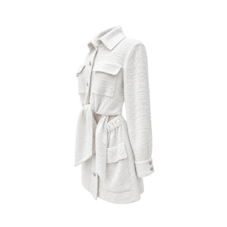 Chanel White Textured Tweed Belted Dress/Jacket Size FR 38