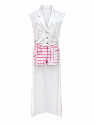 Chanel White Sleeveless Shirt Dress with Pink Tweed Check Shorts Detail Size 34