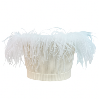 Alessandra Rich Cream Feather-Trimmed Knit Crop Top with Button Detail