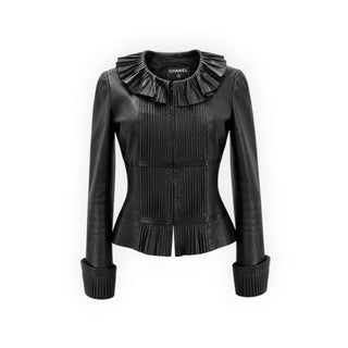 Chanel Black Lambskin Leather Pleated Ruffle Jacket FR 36