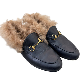 Gucci Black Leather Horsebit Fur Backless Loafers