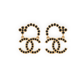 Chanel Black Crystal & Gold-Tone CC Floral Dangle Earrings