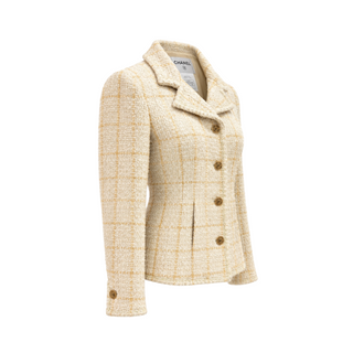 Chanel Cream and Beige Wool-Blend Tweed CC Button Jacket Size FR 38