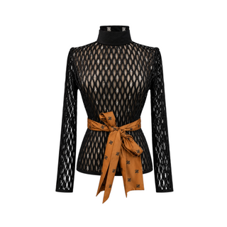 Fendi Black Sheer Monogram Openwork Mesh Long Sleeve Top with Brown Silk Sash IT 36