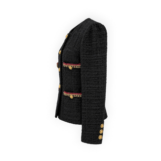 Chanel Black Tweed Chain-Trim Jacket with Gold-Tone Buttons Size FR 36