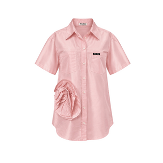 Miu Miu Pink Silk Short Sleeve Shirt with Oversized Floral Appliqué IT 36