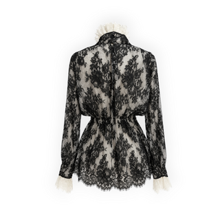 Chanel Black and White Floral Lace High-Neck Blouse Size FR 42