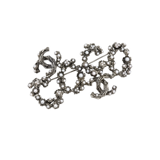 Chanel Silver-Tone COCO CC Pearl Floral Statement Brooch