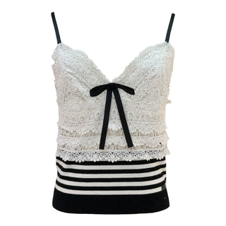 Chanel Cruise Black & White Lace Trim Striped Knit Camisole Top