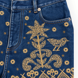 Christian Dior Blue Denim Gold Embroidered High-Waisted Shorts Size FR 34