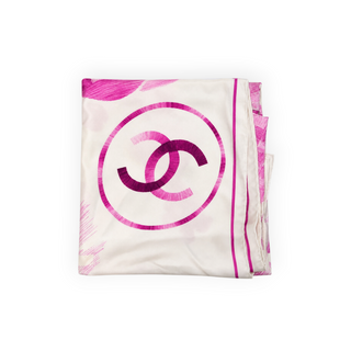 Chanel Ivory & Pink CC Camellia Silk Scarf
