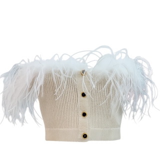 Alessandra Rich Cream Feather-Trimmed Knit Crop Top with Button Detail