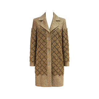 Chanel Gold Beige Embellished Diamond Quilted Long Coat FR 36