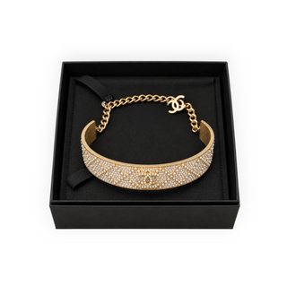 Chanel 21K Gold Tone Pearl & Crystal Wide CC Choker Necklace