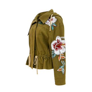 Valentino Khaki Embellished Floral Embroidered Hooded Jacket Size IT 44