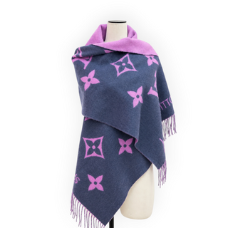 Louis Vuitton Pink and Navy Monogram Cashmere Reversible Fringed Scarf