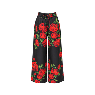Dolce & Gabbana Black Red Rose Print Silk Wide-Leg Trousers IT 42