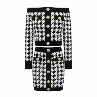 Balmain Black & White Houndstooth Knit Jacket & Skirt Set