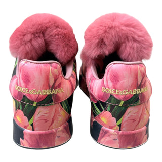 Dolce & Gabbana Pink Floral Rabbit Fur Trim Sneakers