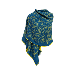Hermès Blue and Yellow Reversible Horseshoe Motif Cashmere Silk Scarf