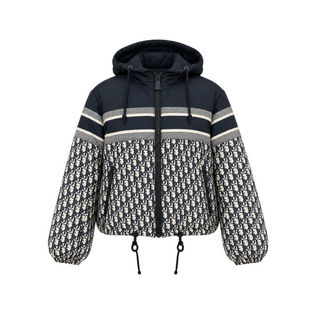 Christian Dior Navy and Ecru Cropped Reversible Puffer Jacket with Oblique Logo Pattern Size S